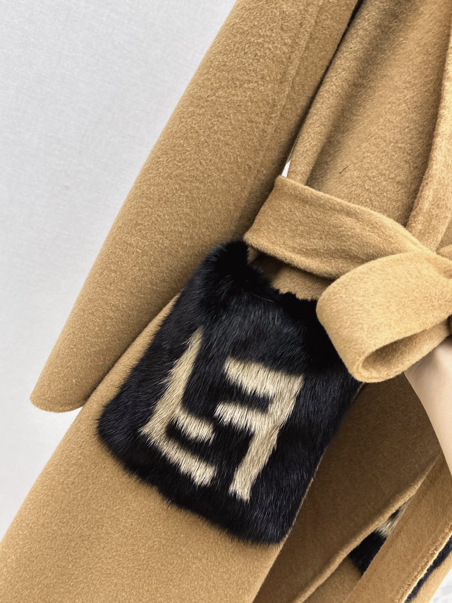 Fen*di Camel Tie-Waist Wool Coat