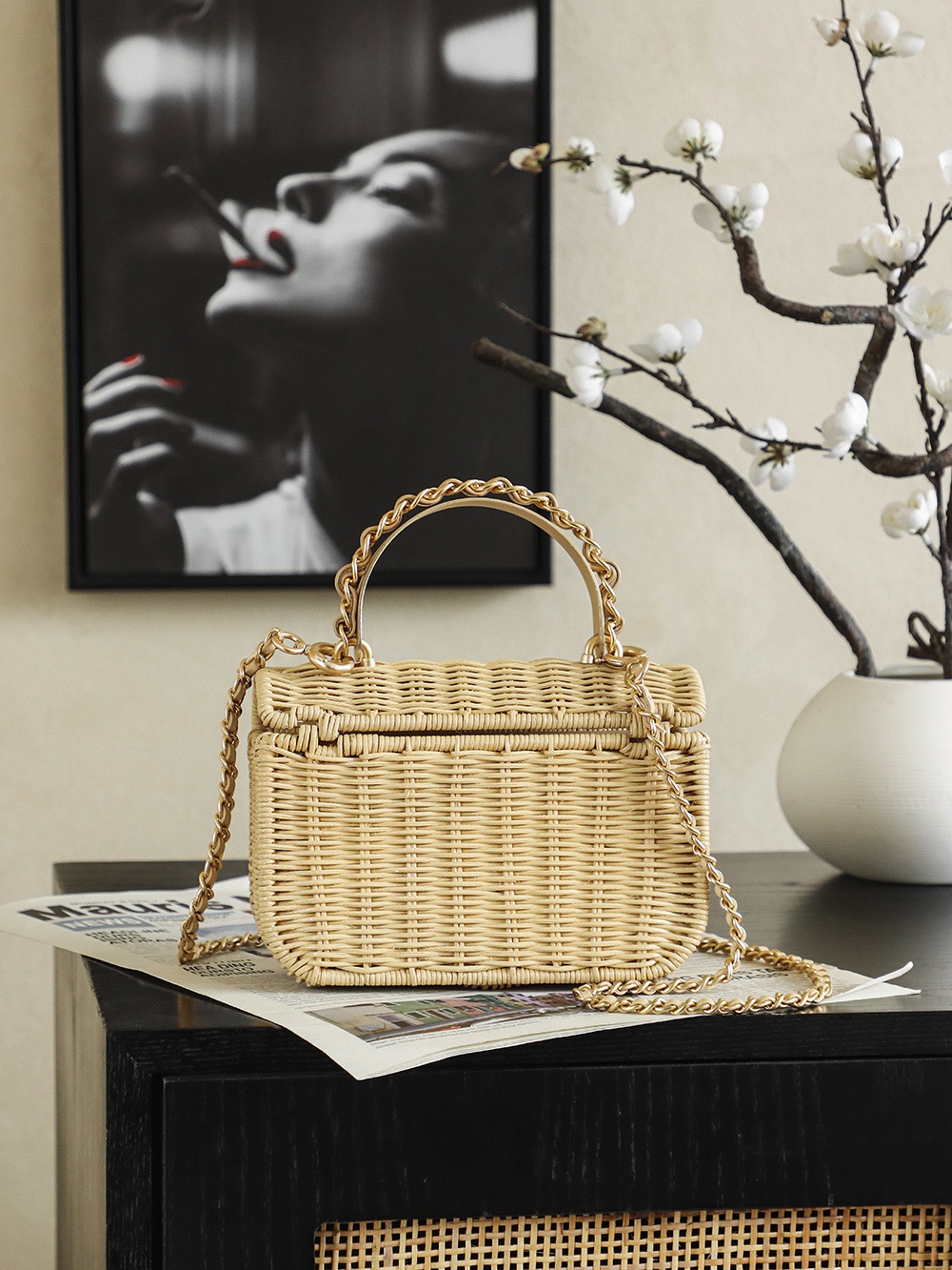 Ch@nel Mini Flap Bag With Top Handle, Braided Rattan & Gold-Tone-13*18.5*7CM