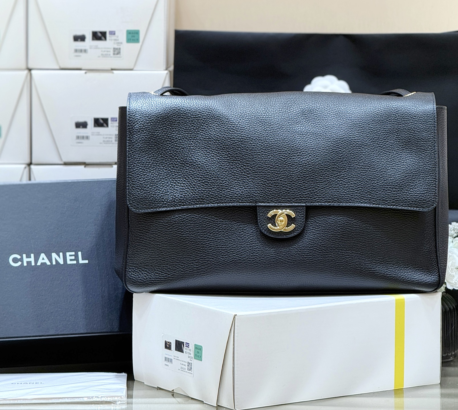 Ch@nel Maxi Flapbag , Grained Calfskin & Silver-Tone Metal, lLight-26*38.5*11CM