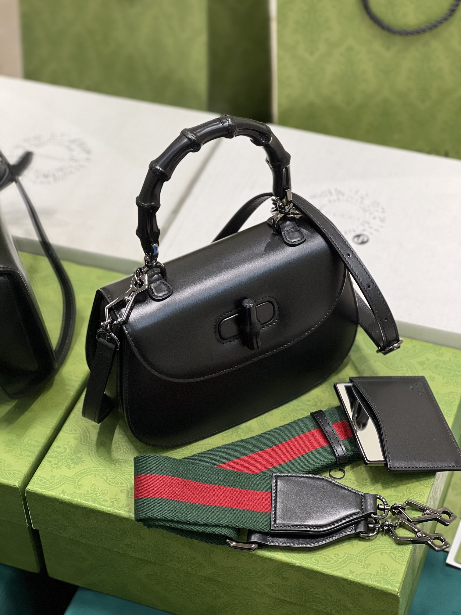 G*u*i top handle bag with bamboo-17*12*7.5&21*15*7cm