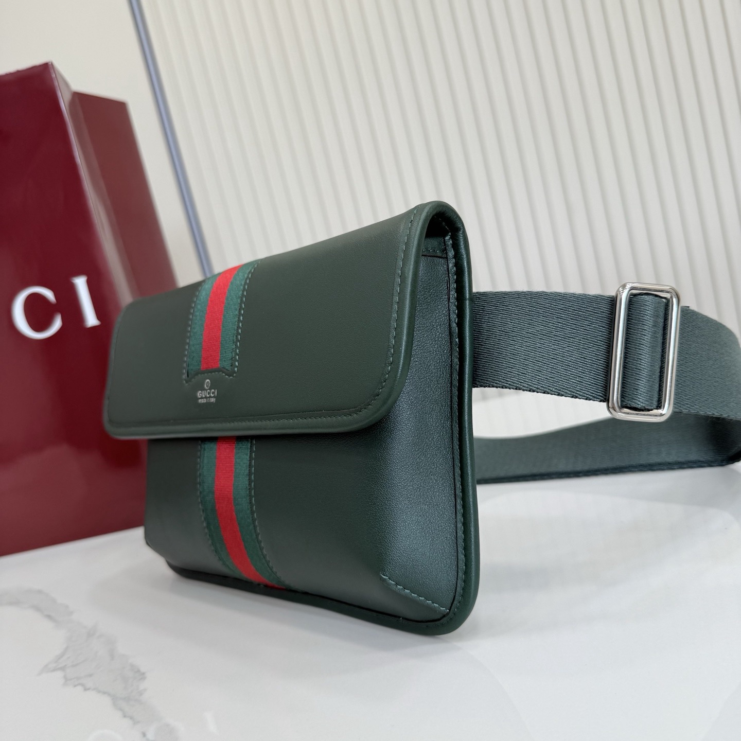 Gv*c*Web Trademark Small Belt Bag In Dark Green Leather -24*17*3.5CM