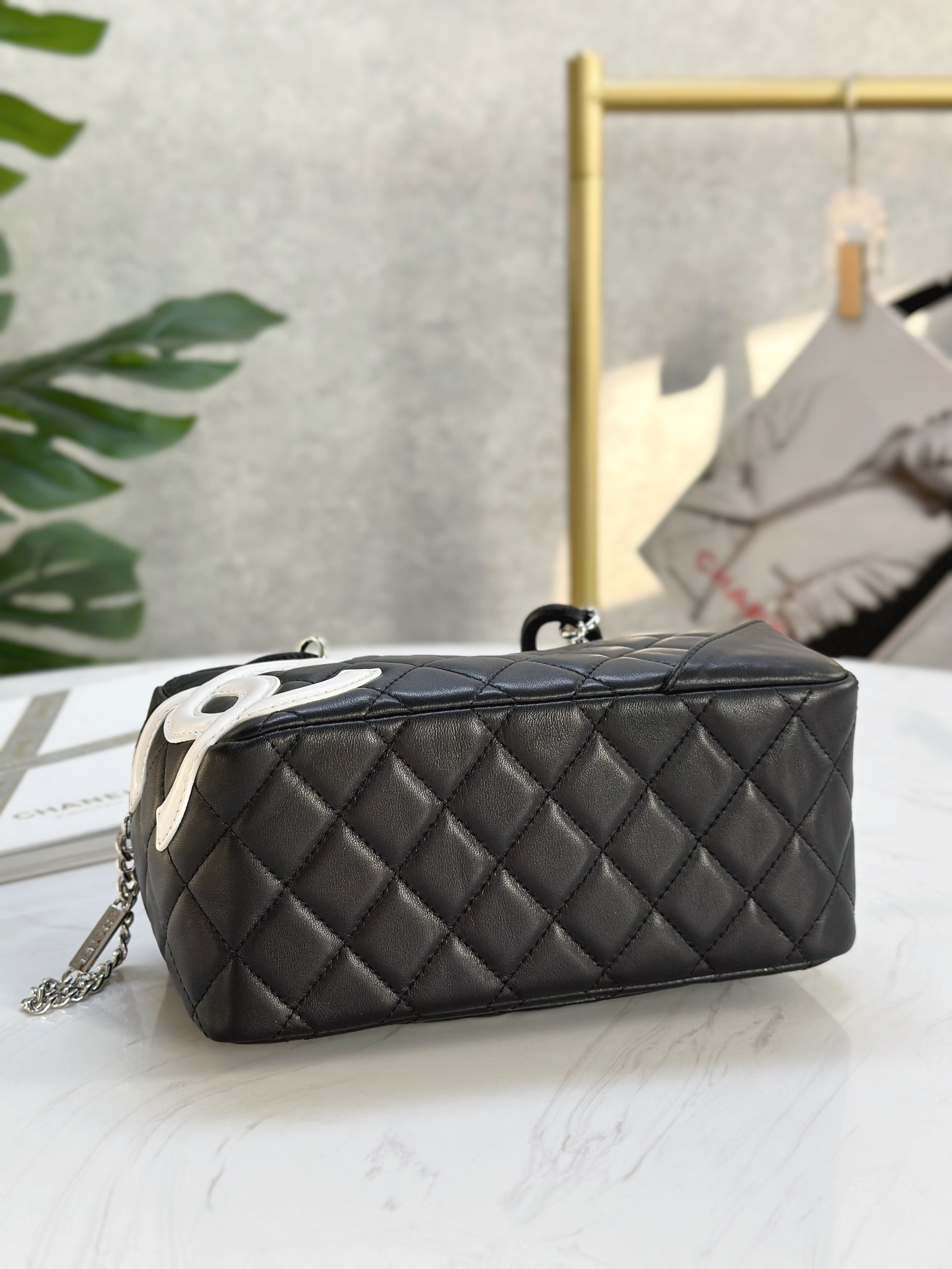 Ch@nel Calfskin Quilted Small Cambon Bowler Black White-19.5*10.5*9CM