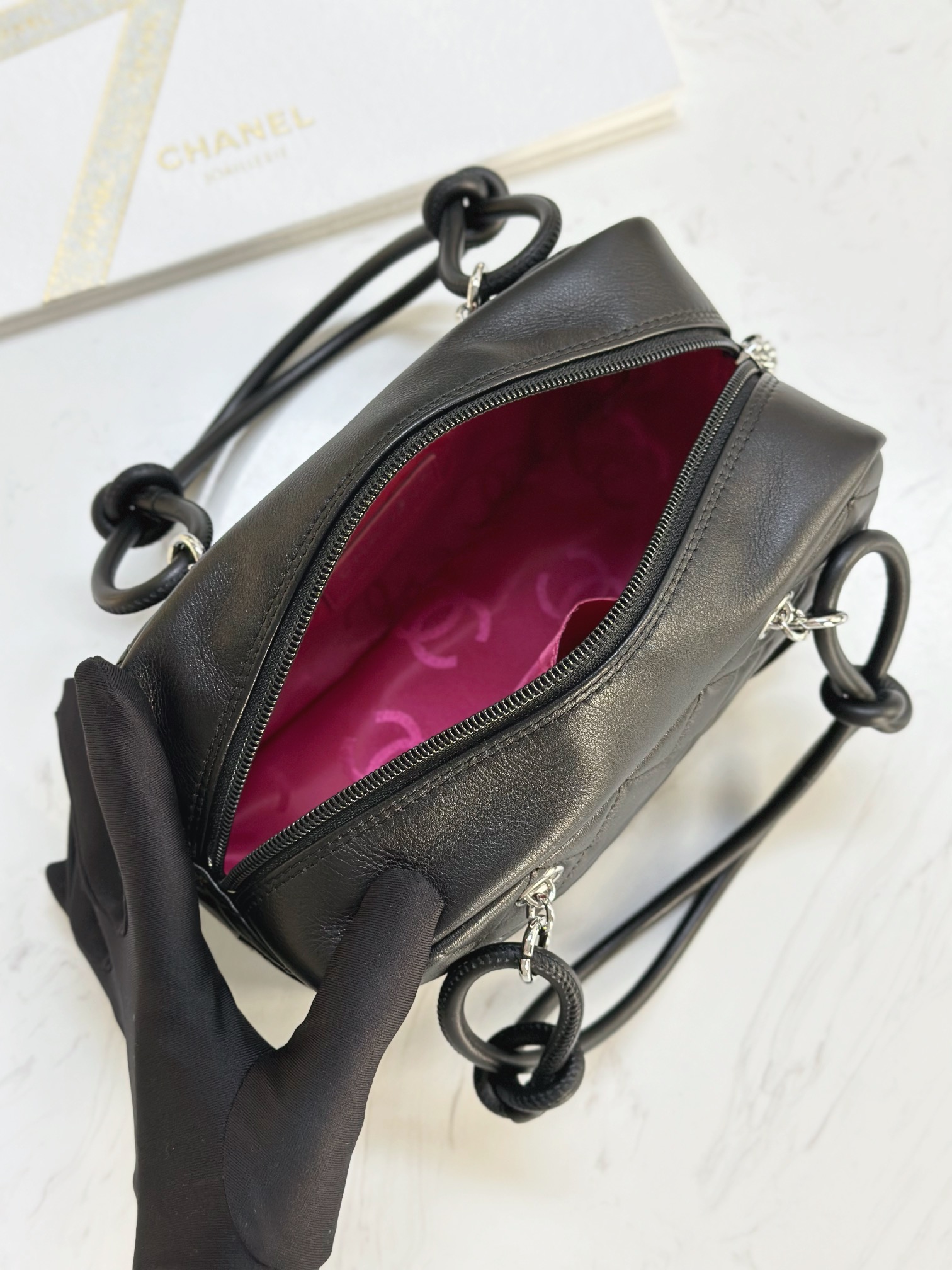 Ch@nel Calfskin Quilted Small Cambon Bowler Black-19.5*10.5*9CM