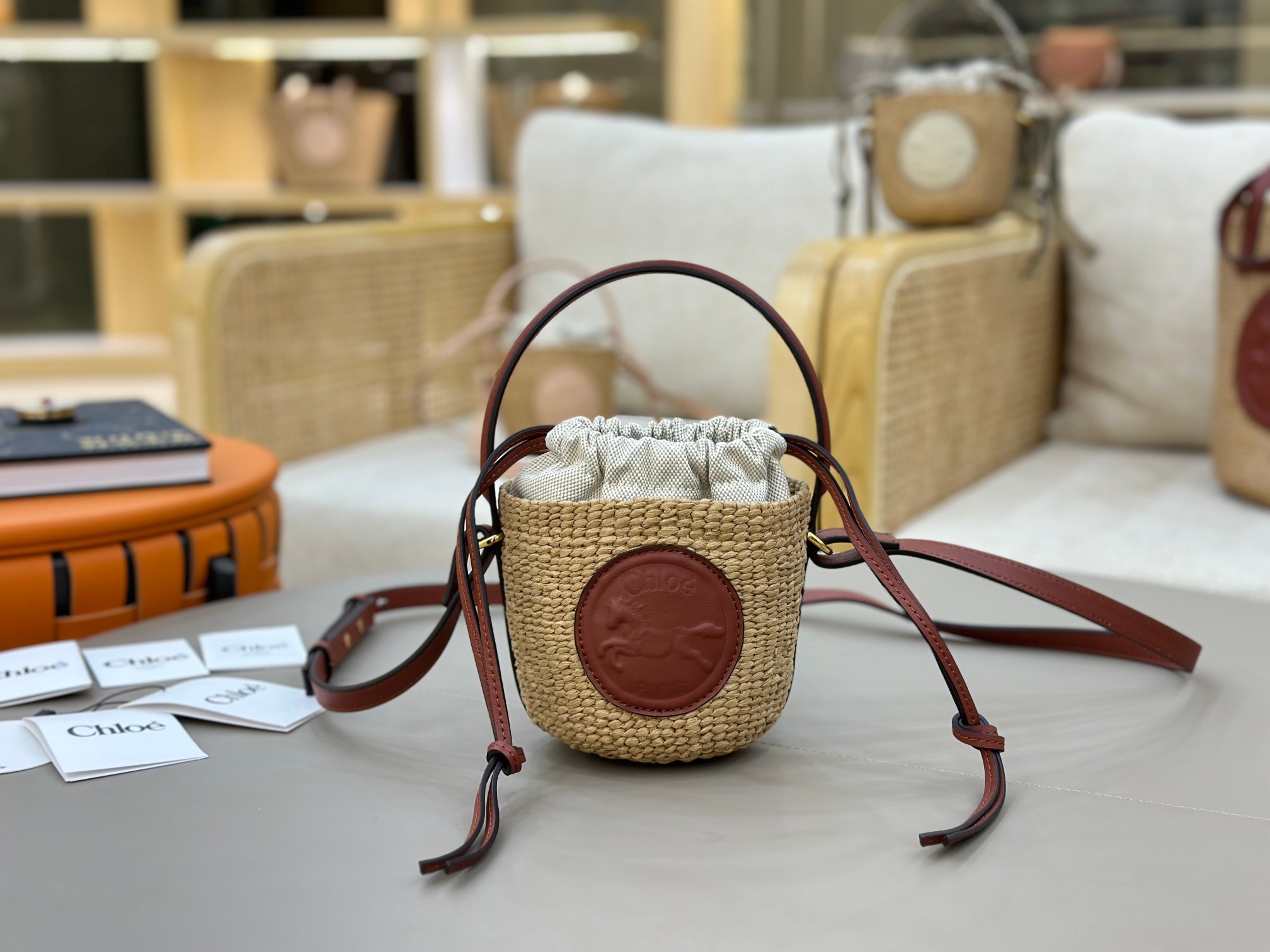 Chloé Mini Horse Medal Basket In Natural Fibers-14x12.5x14CM