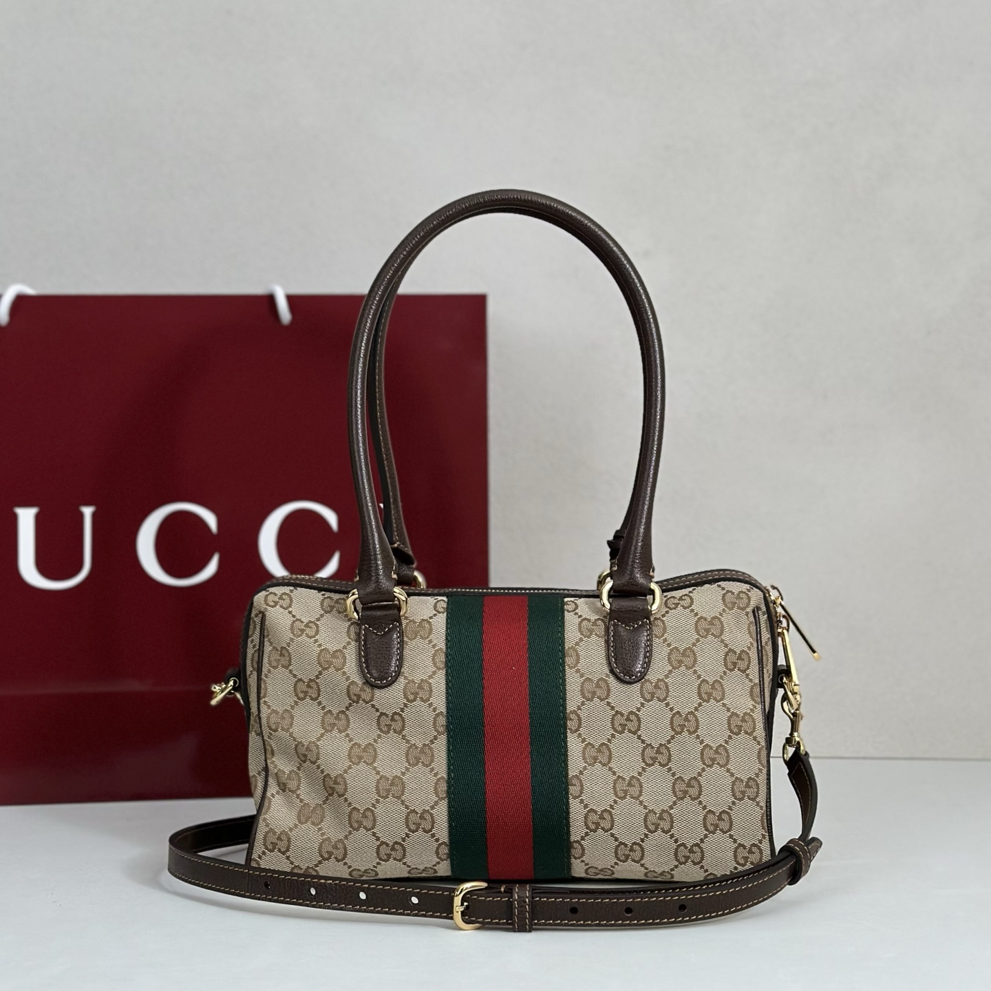 Gvc*1 Borsetto Medium Boston Bag In Sand And Brown Gg Canvas-28*15*10CM