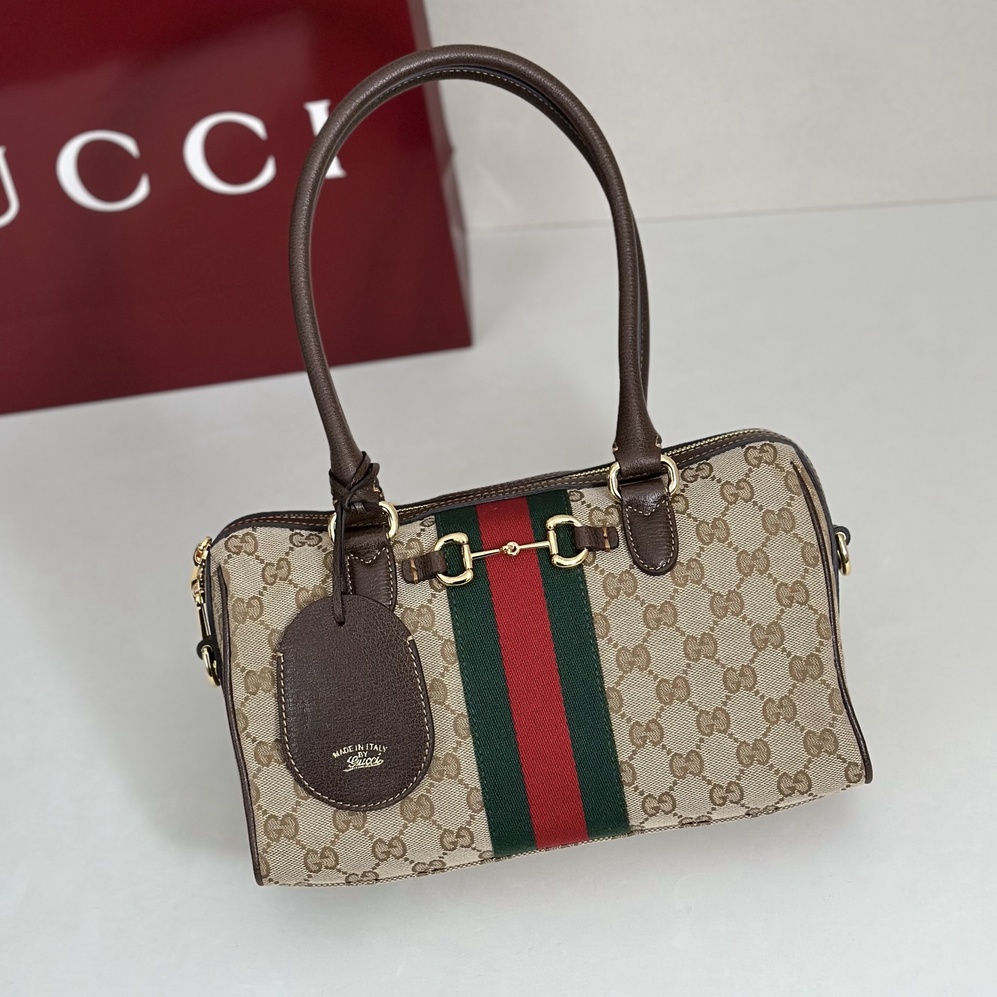 Gvc*1 Borsetto Medium Boston Bag In Sand And Brown Gg Canvas-28*15*10CM