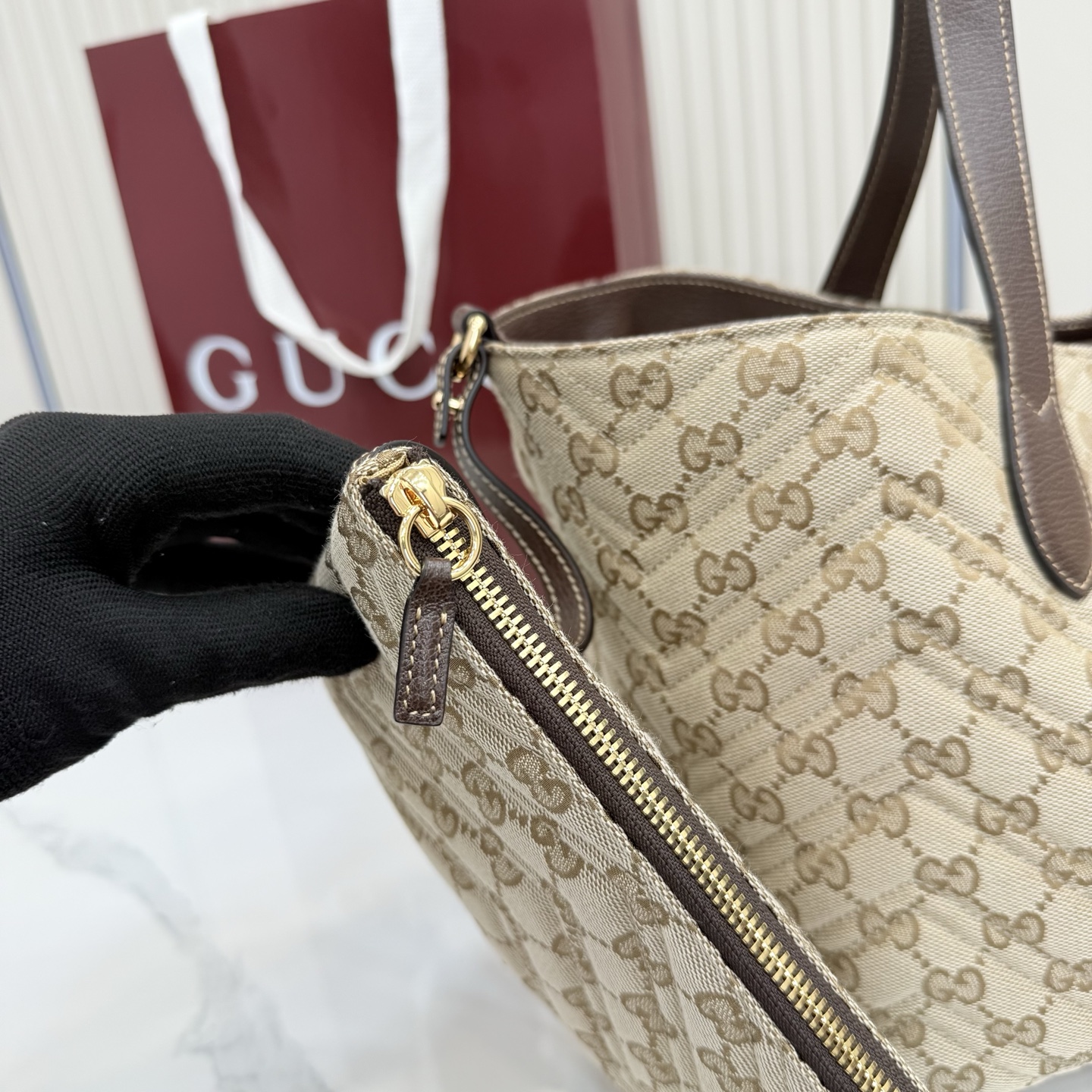 Gv*c* GG Marmont Large Tote Bag in Sand And Brown GG Canvas-30*23*18CM