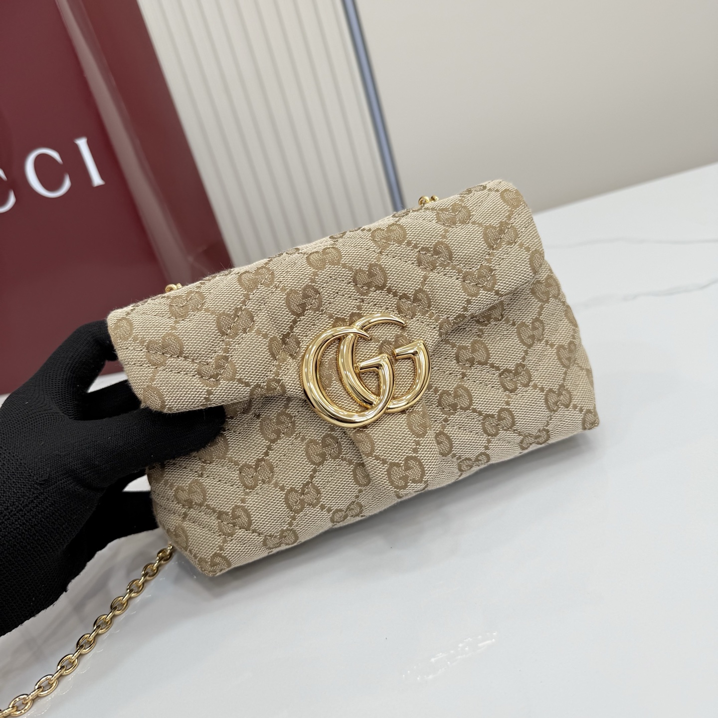 Gv*c* GG Marmont Mini Shoulder Bag In Sand And Brown GG-18.5*11.5*7CM