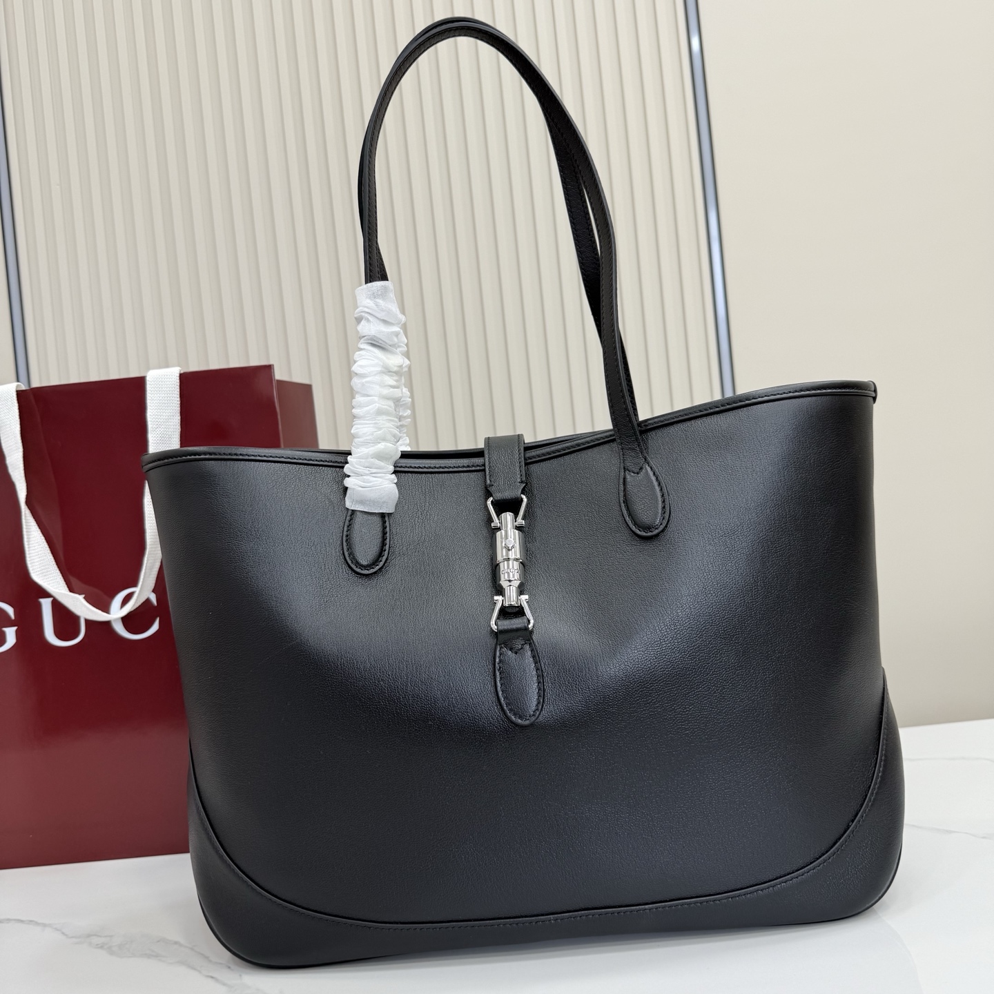 Guc*ci Jackie Medium Tote Bag In Black Leather-45*28*12CM