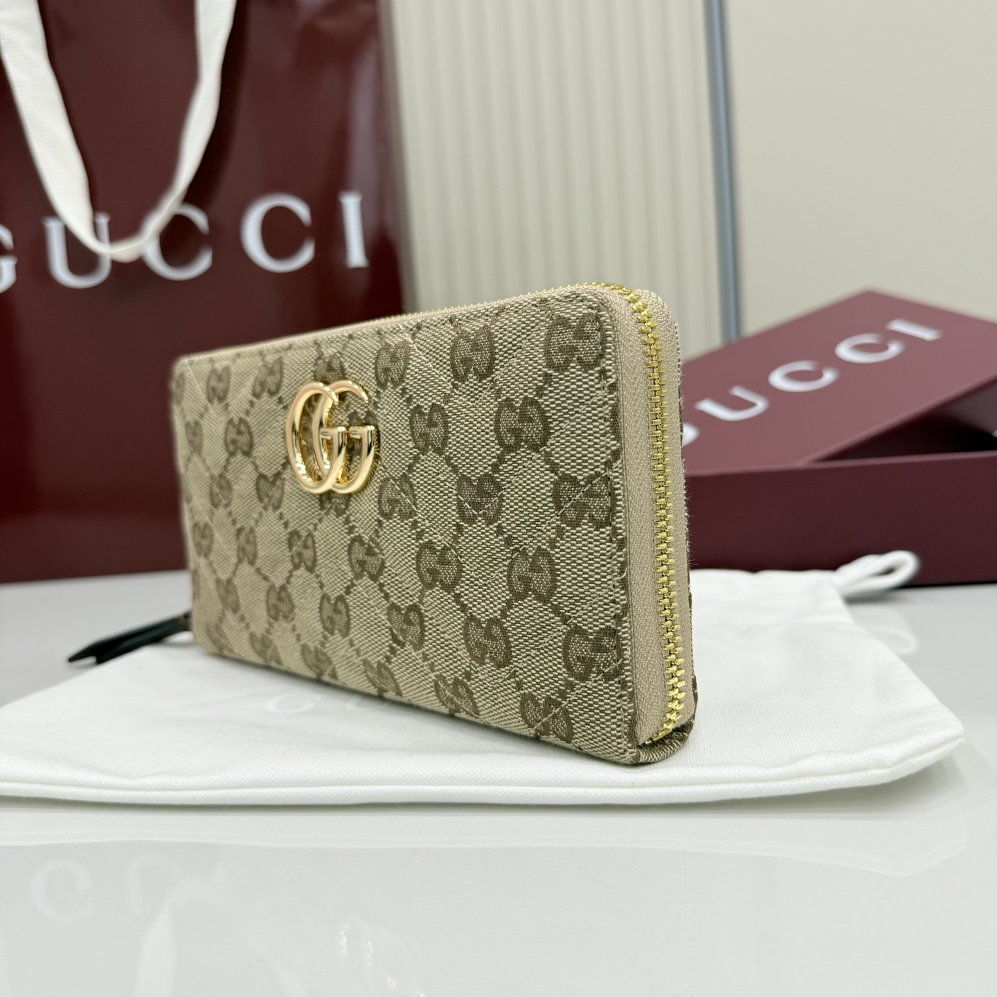 Gvc*1 GG Marmont Zip Around Wallet In Sand And Brown GG canvas-19*10.5*2CM