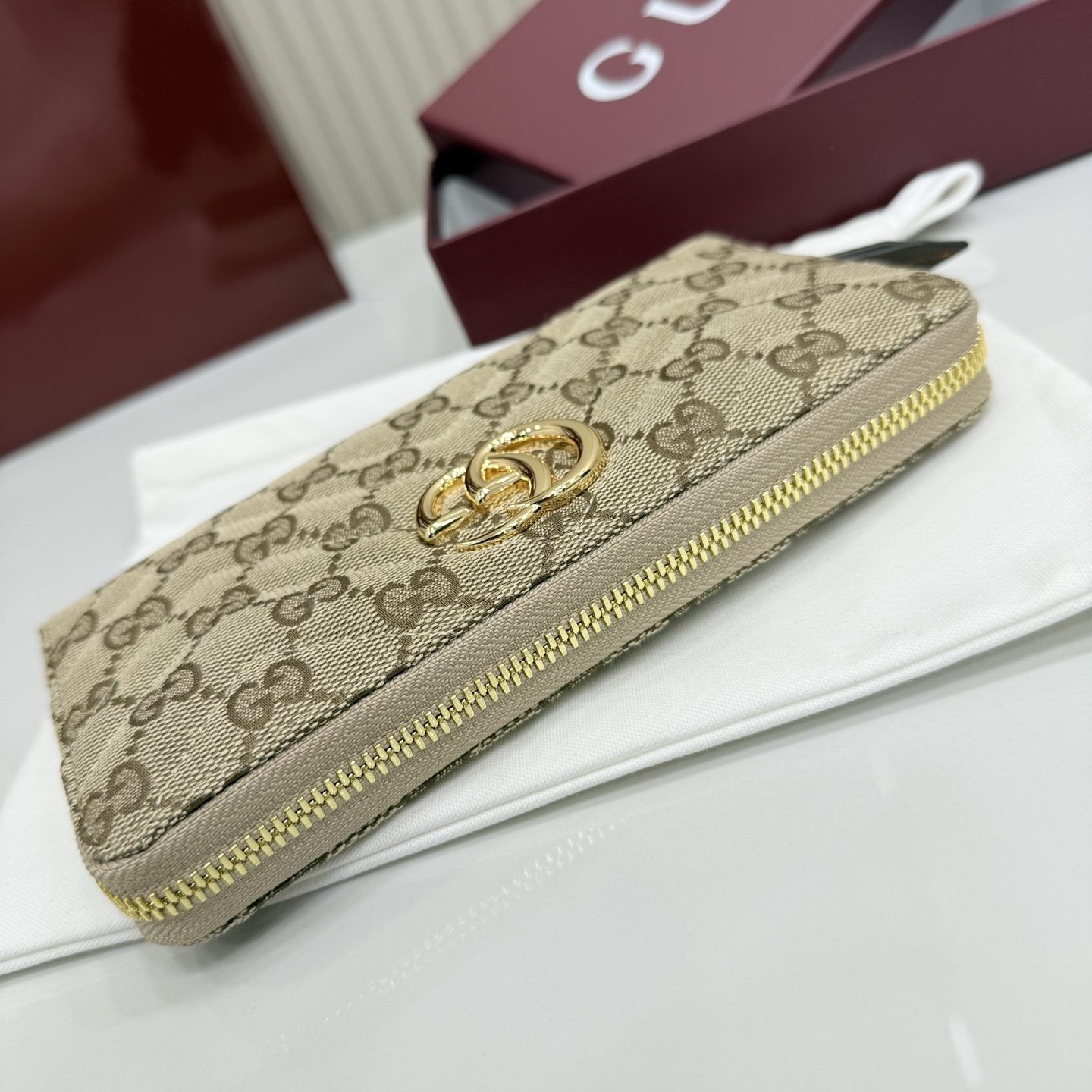 Gvc*1 GG Marmont Zip Around Wallet In Sand And Brown GG canvas-19*10.5*2CM