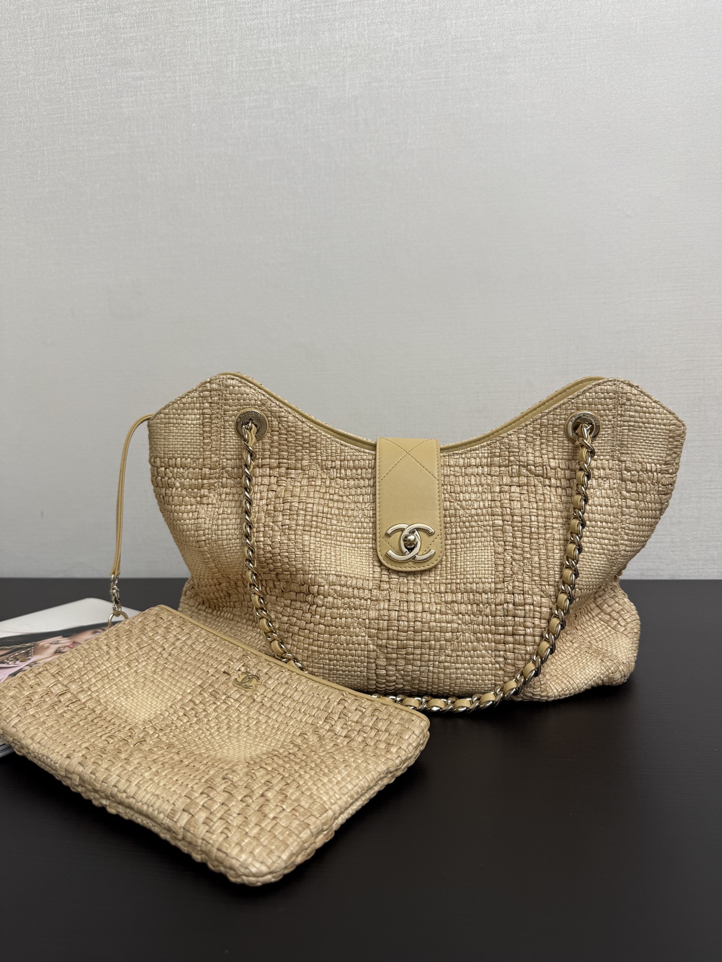 Ch@nel Shopping Bag, Braided Raffia & Gold-Tone Metal-26×40×12CM