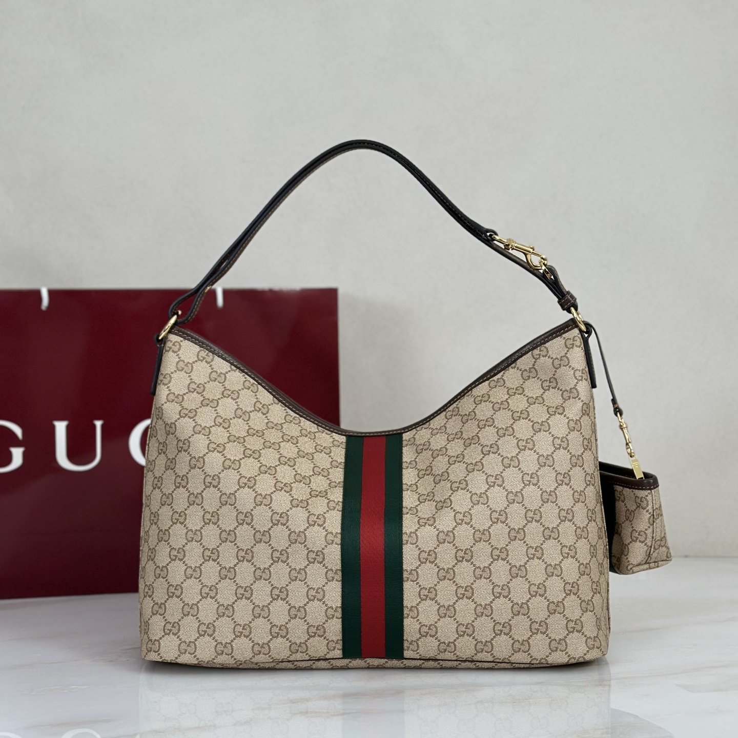Gv*c*Large Shoulder Bag With Web In Sand And Brown GG canvas-39.5*29*15.5CM