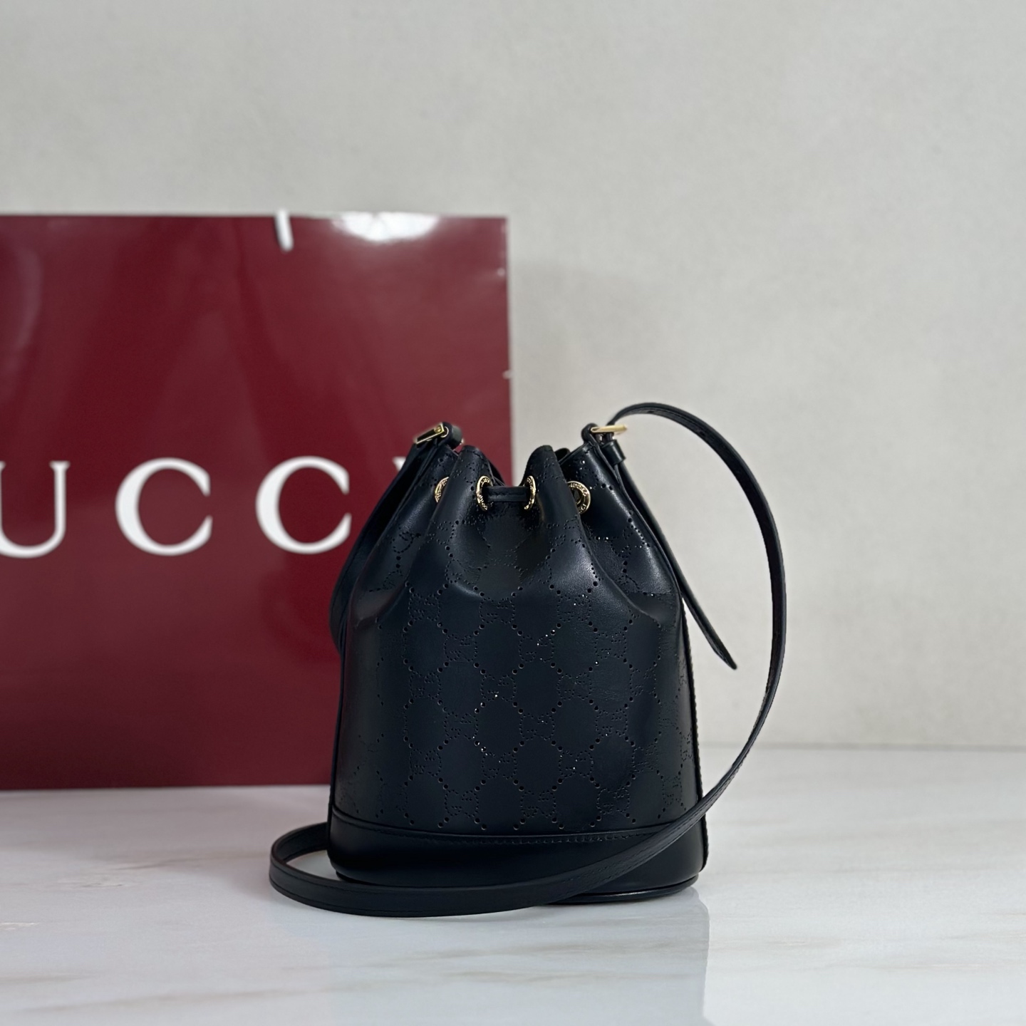 G*ucci Venice Small Bucket Bag In Black GG Leather-15.5*19.5*10.5CM