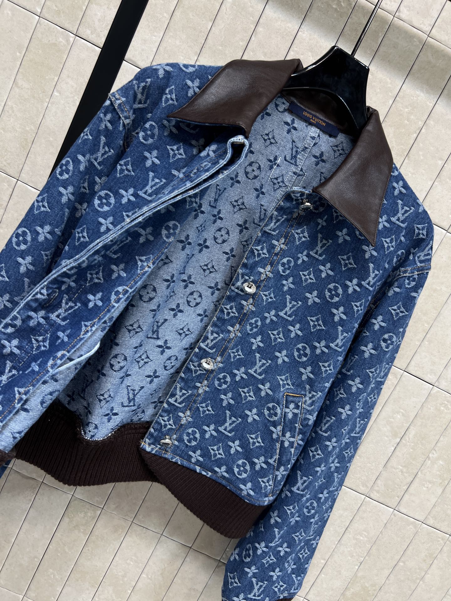 L*V Denim Jacket with Leather Collar & Panels