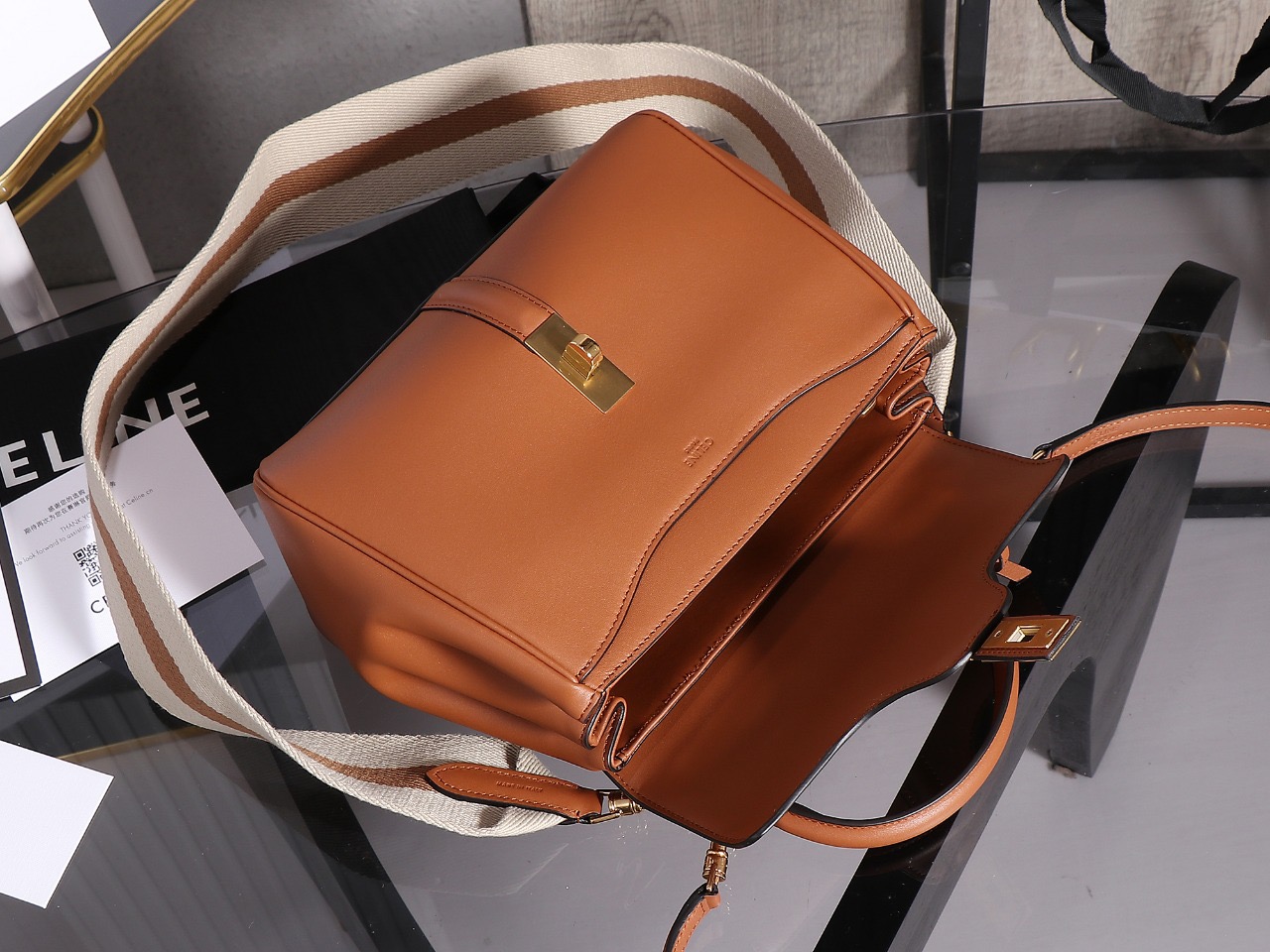Celin**e Satinated Calfskin Small 16 Top Handle Bag Tan-23*19*10.5CM
